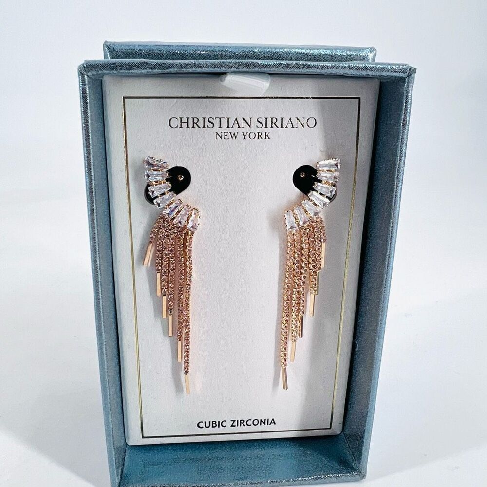NWT Christian Siriano Rhinestone Earrings Wedding Prom Fringe Rose Gold Tone